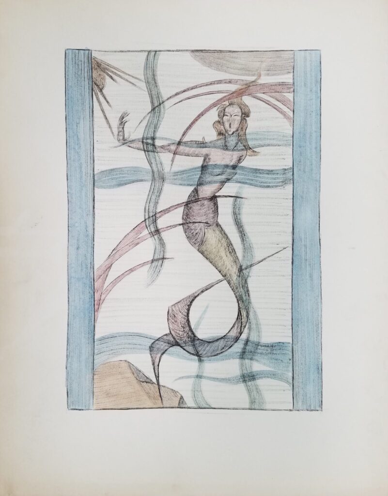 Ink and watercolor picture of a mermaid in the water.