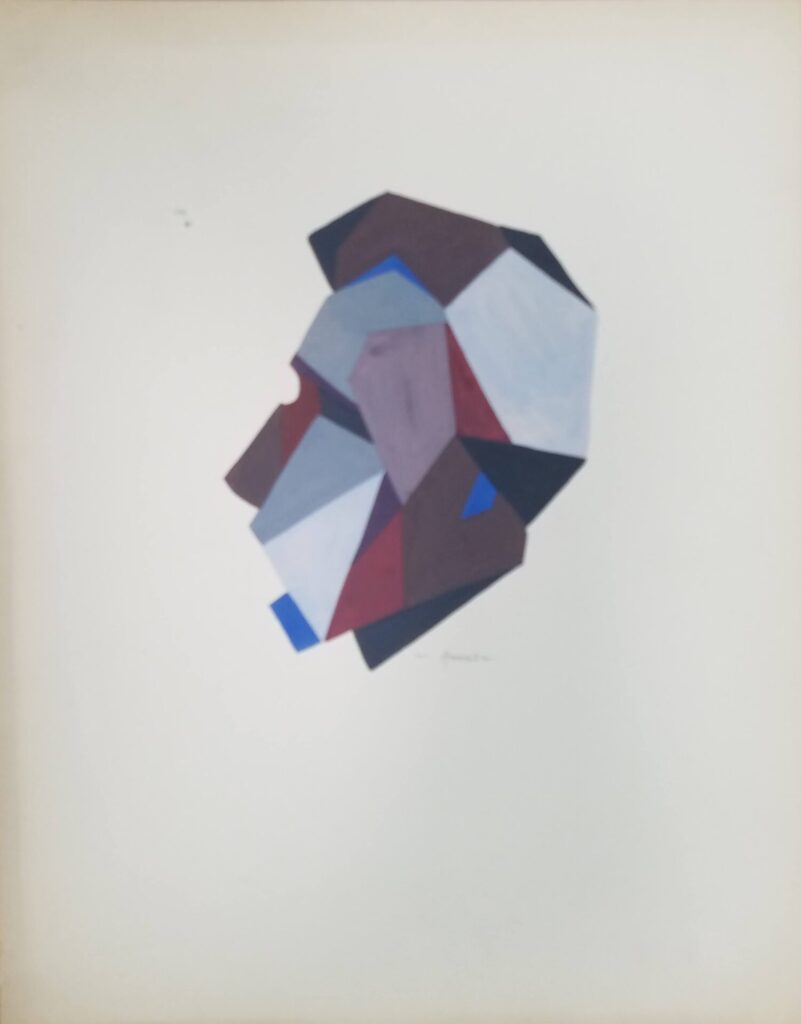 Watercolor of a face build ot sharp planes and angles.