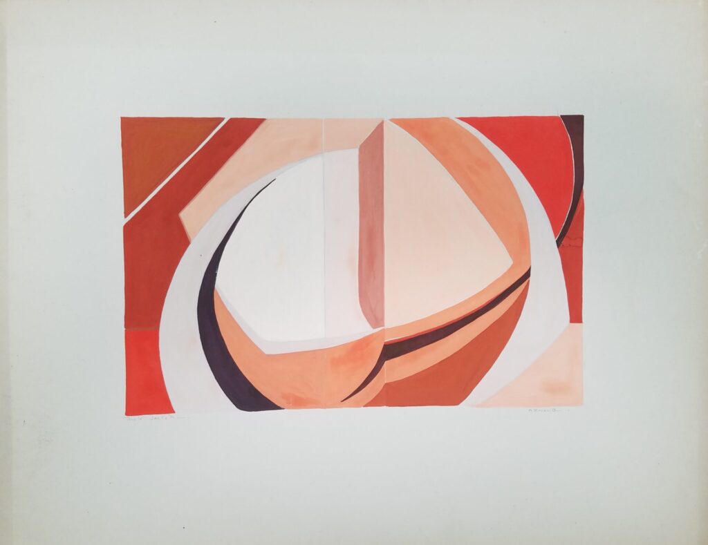 Watercolor of orange, peach, red, and brown arcs and shapes.