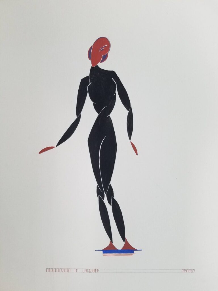 Black, red, and blue ink drawing of a figure stands. Text below the image reads Manequin in laquer and is signed Arnold.