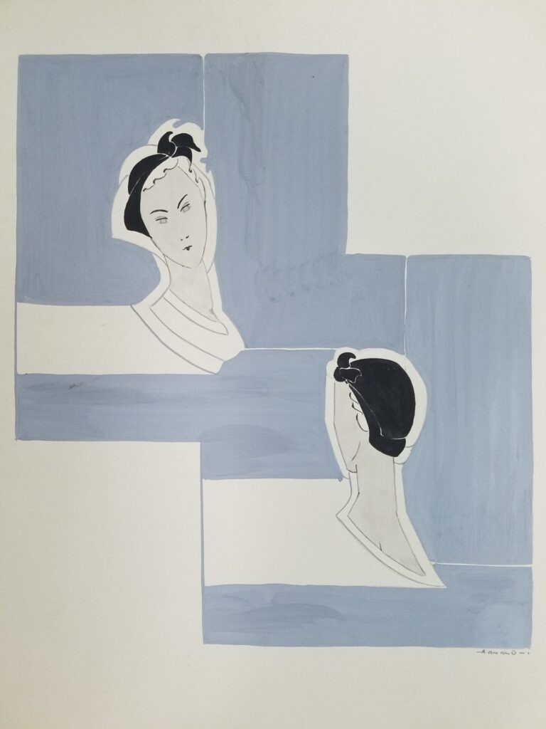 Watercolor of two female-presenting faces in squares.