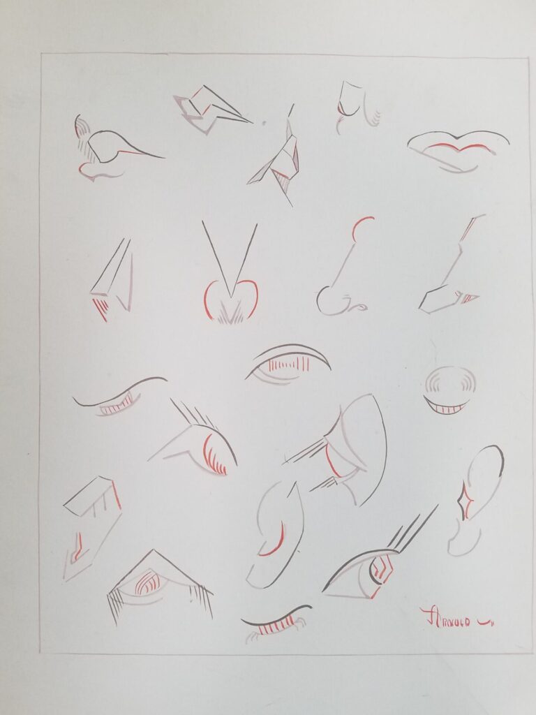 A page filled with ink line drawings of eyes, mouths, and noses. The page is signed Arnold.