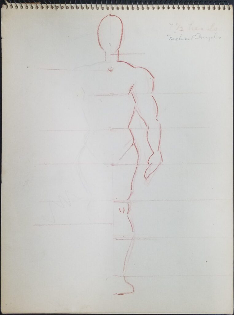 Sketch of male-presenting figure showing proportion lines