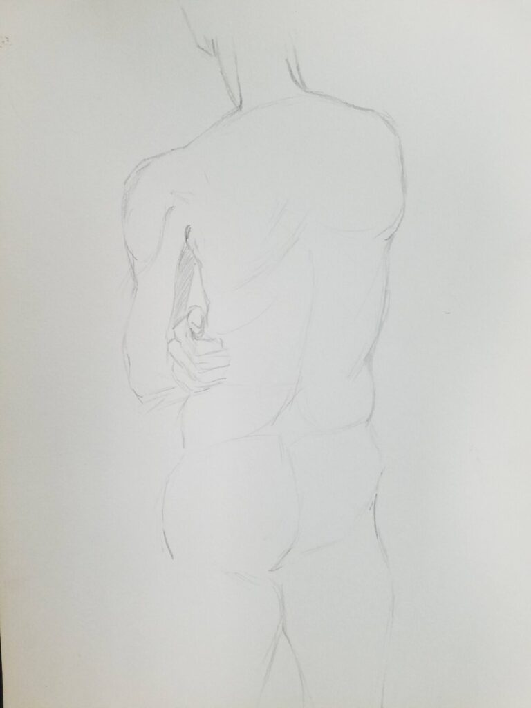 Sketch of male-presenting nude figure from behind
