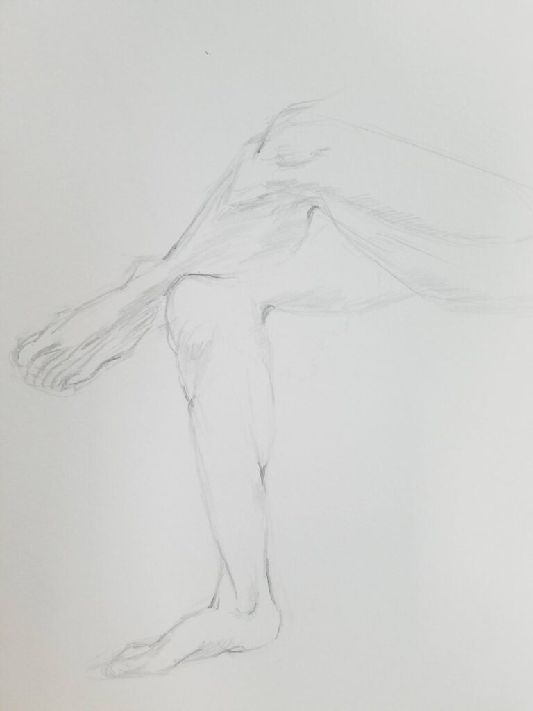 Sketch of a persons uncovered legs and feet