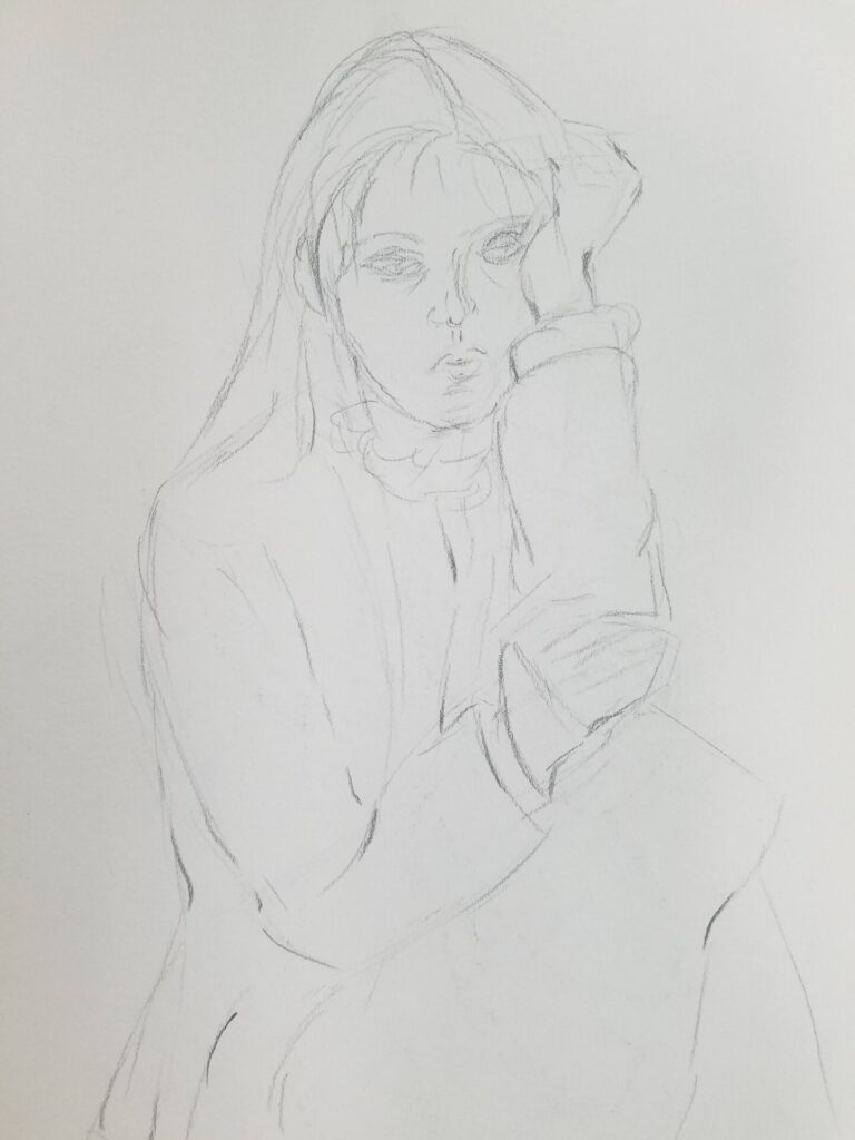 Sketch of female-presenting person resting head on left hand