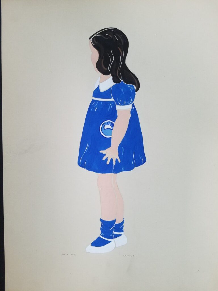 A young female-presenting person stands looking away from us, wearing a blue dress.
