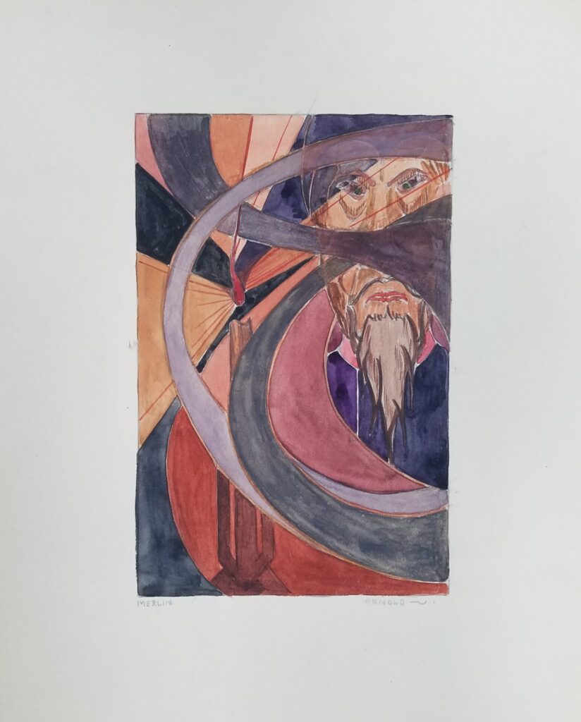 Watercolor painting of a candle with light rays of many colors coming off it. A partially obscured, bearded, face peers at us through swirling smoke. The word Merlin appears below the image, written in pencil.