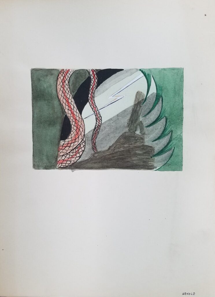 Watercolor of tentacles snaking over rocks in the foreground and a green tree bordering the right edge.