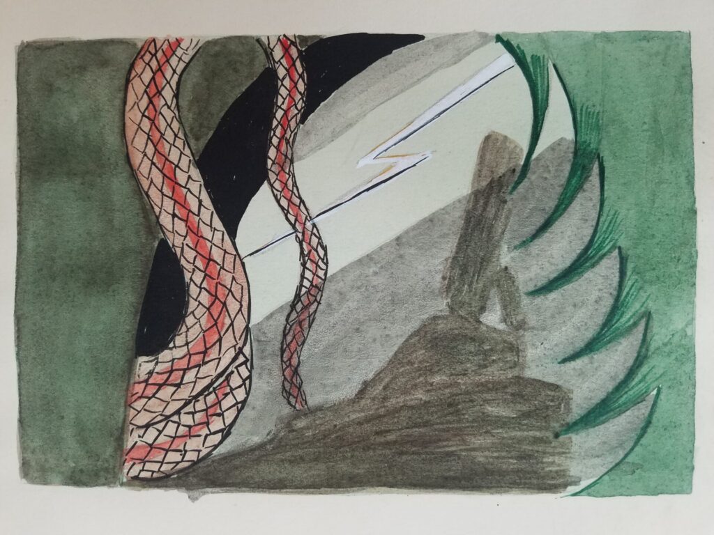 Watercolor of tentacles snaking over rocks in the foreground and a green tree bordering the right edge.