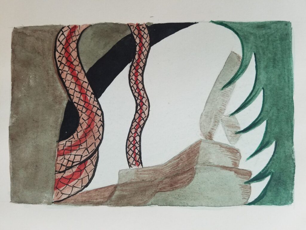 Watercolor of tentacles snaking over rocks in the foreground and a green tree bordering the right edge.
