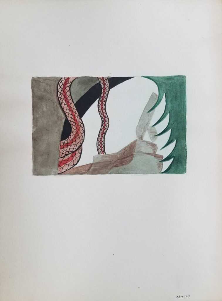 Watercolor of tentacles snaking over rocks in the foreground and a green tree bordering the right edge.