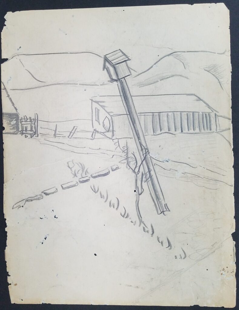Drawings 37 Pencil drawing of a leaning fence with farm buildings in the background