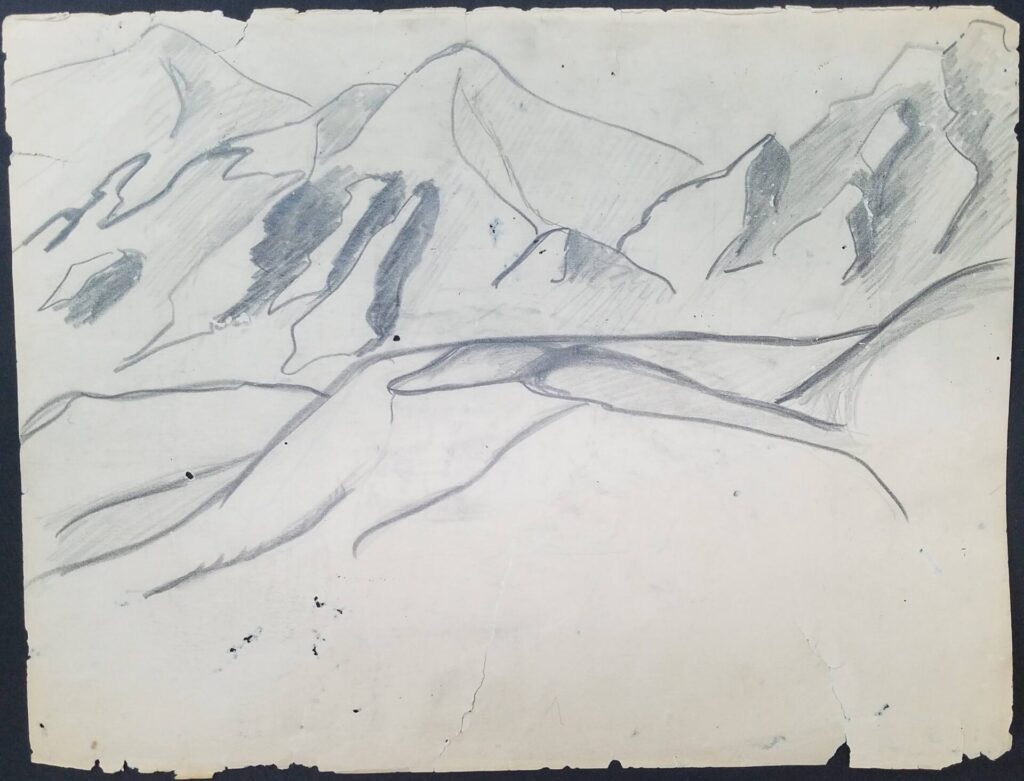 Drawings 41 Pencil drawing of a mountain range with empty foreground