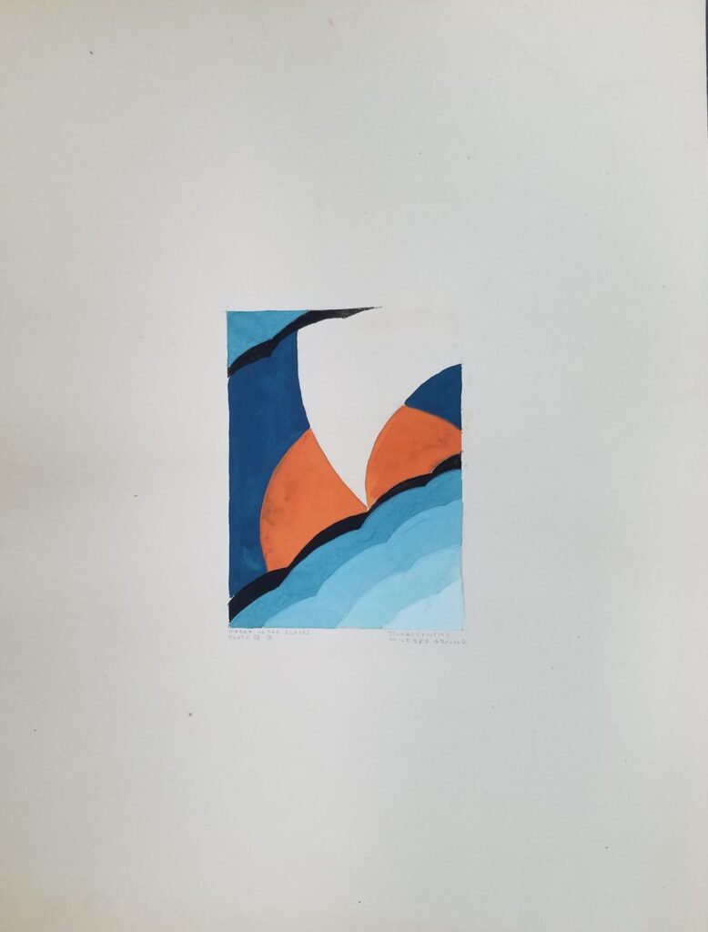 Watercolor of stylized waves, a setting sun, and what looks like a white sail cutting across the sun. Text below the image reads march of the slaves, Tchaichowsky, and Mildred Arnold.