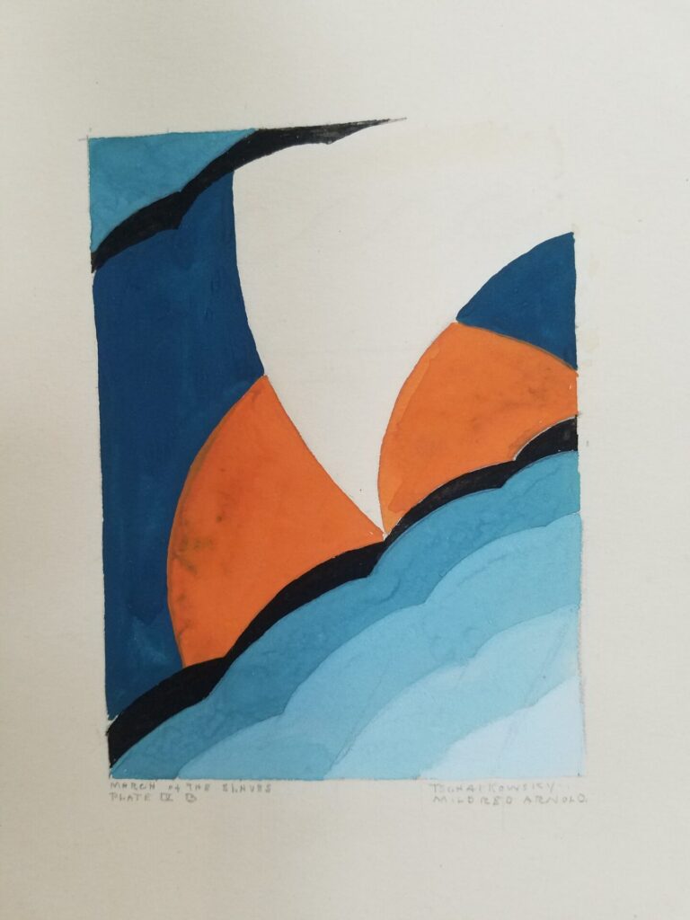Watercolor of stylized waves, a setting sun, and what looks like a white sail cutting across the sun. Text below the image reads march of the slaves, Tchaichowsky, and Mildred Arnold.