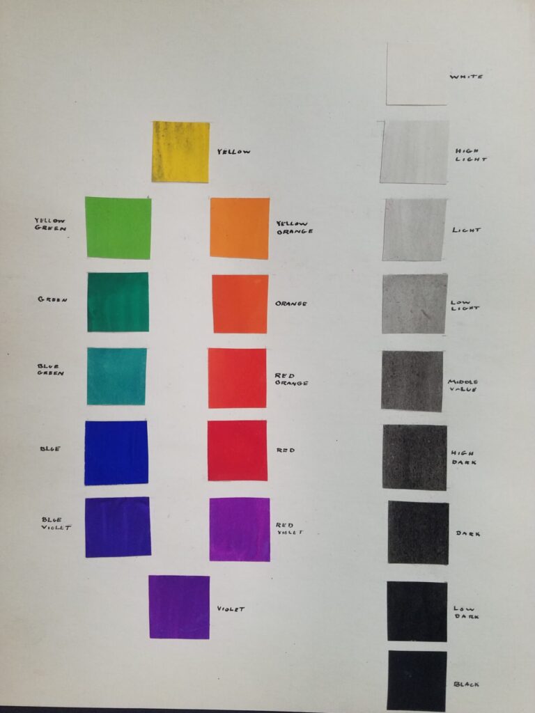 Art class exercise of multiple squared each filled with a different color. Along one side is a column of squares starting with black and ending with white