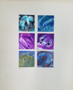 Exercise consisting of six squares filled with marbled color combinations.
