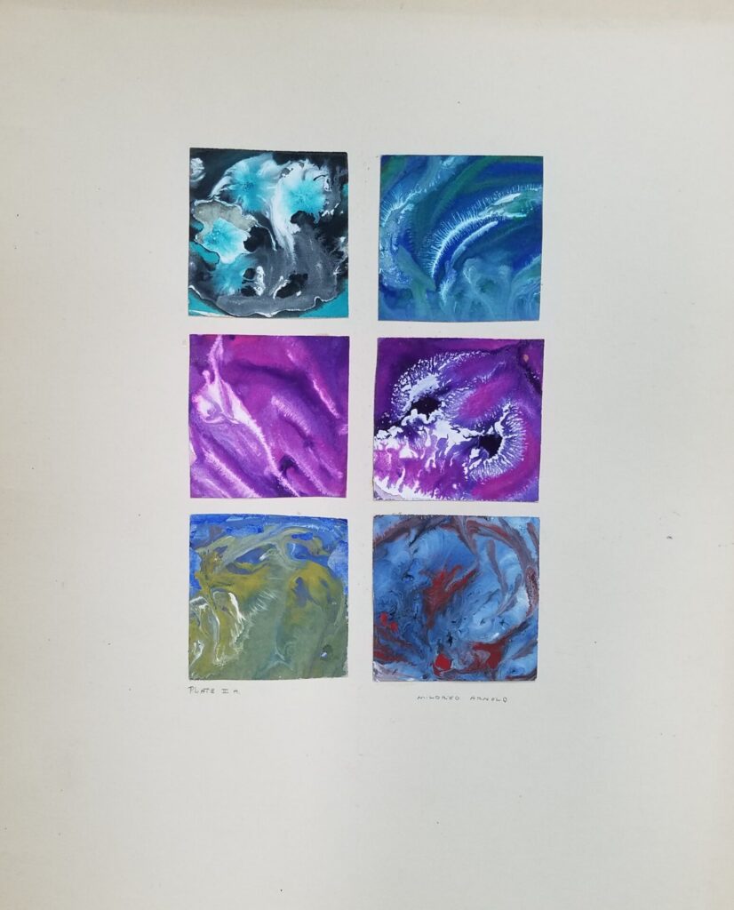 Exercise consisting of six squares filled with marbled color combinations.