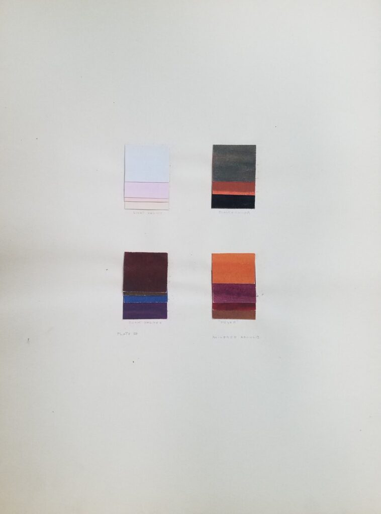 Watercolor exercise consisting of four rectangles filled with horixontal color bands