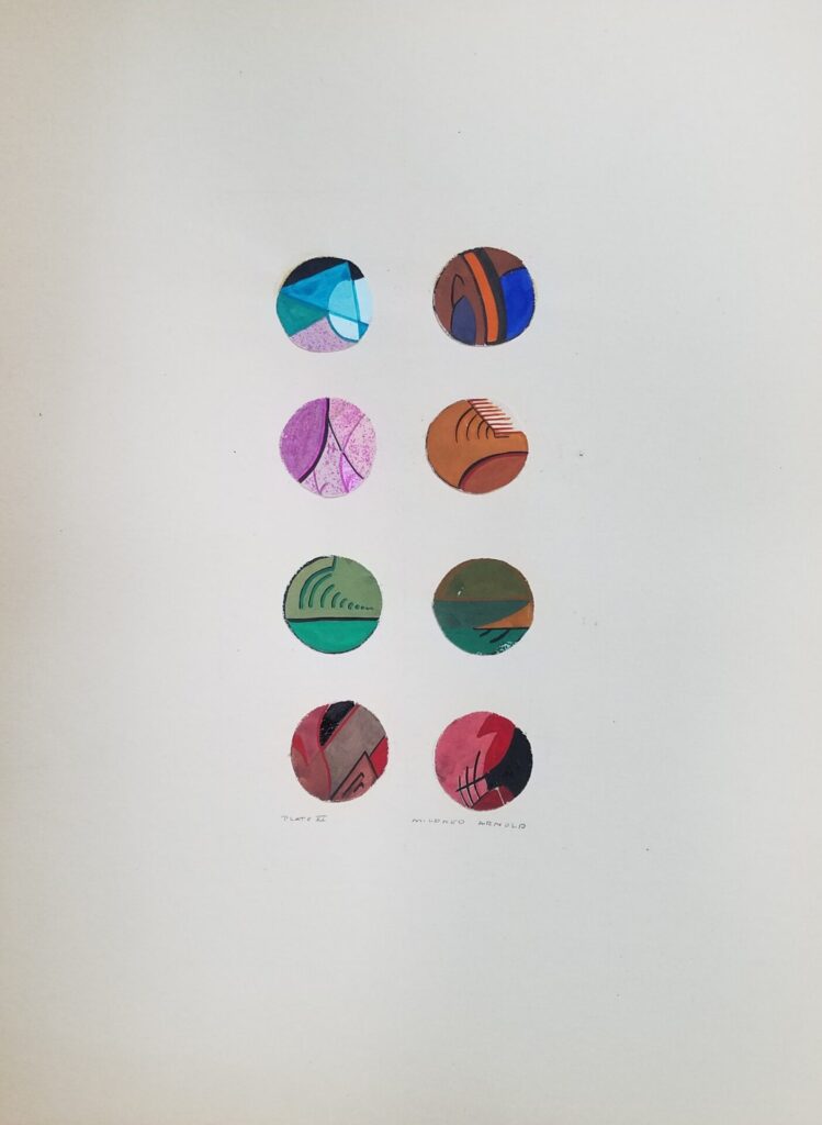 Watercolor exercise consisting of eight circles containing different patterns and colors