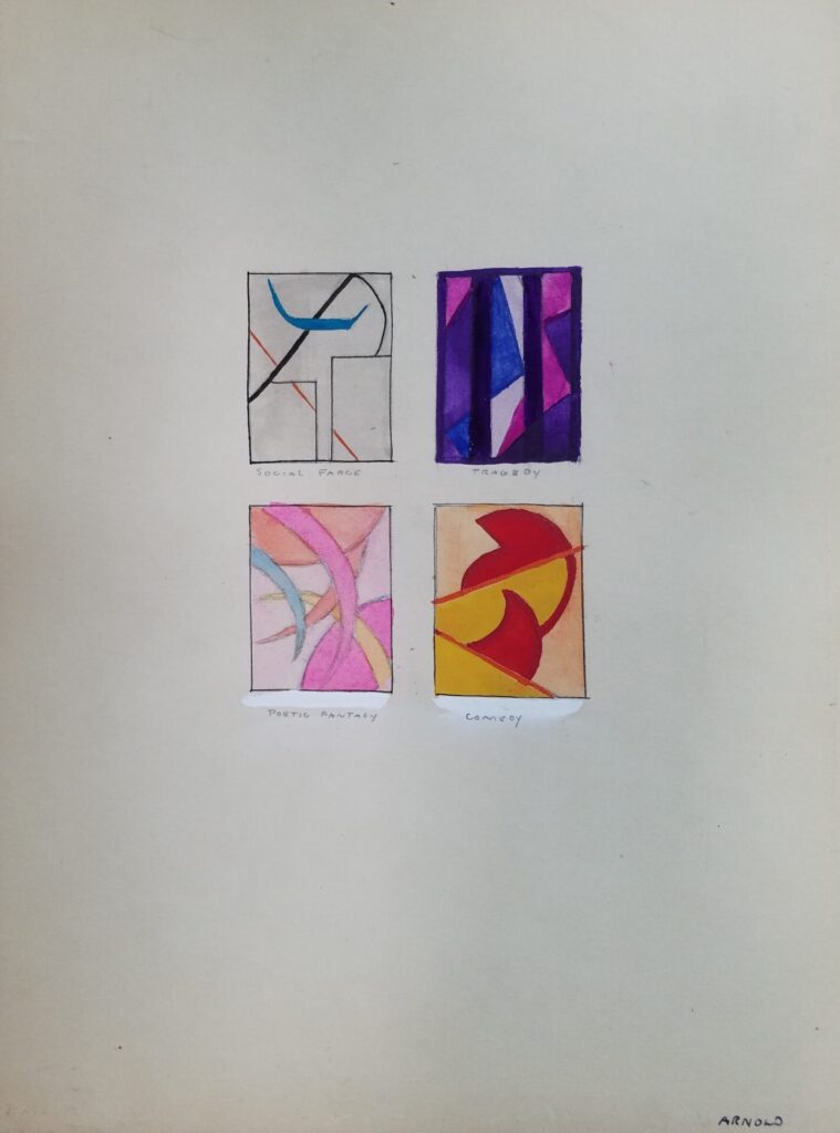 Watercolor exercise consisting of four rectancles with various modern shapes and different color palettes