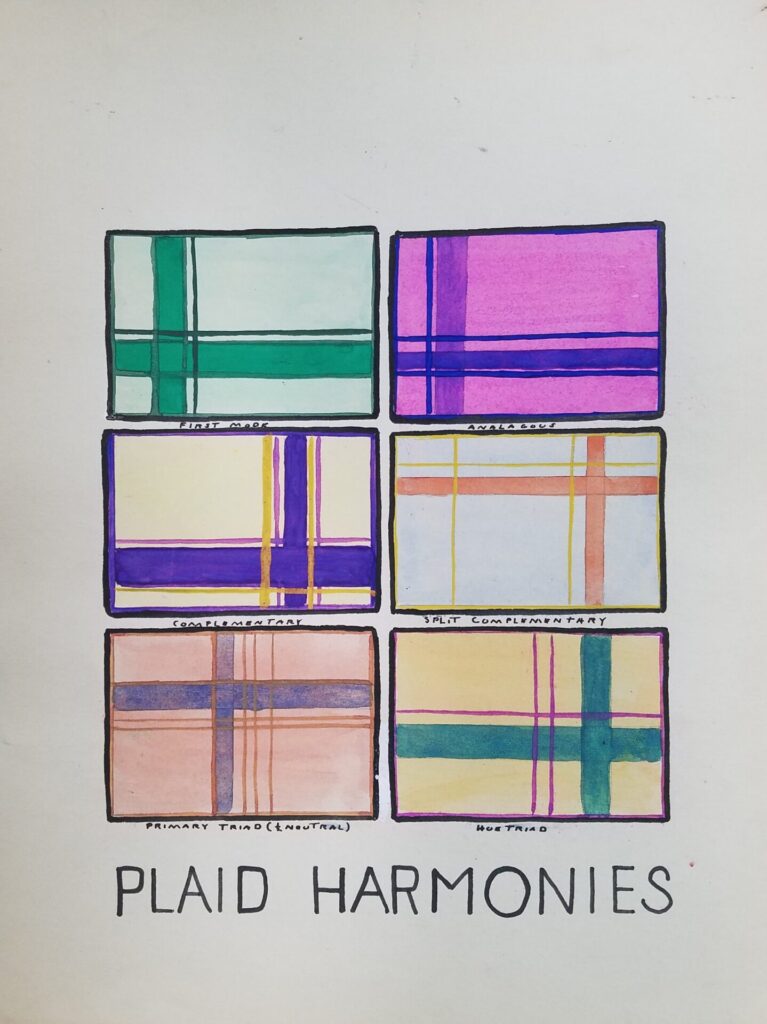 Watercolor exercise consisting of six rectangles with various borders drawn in them using a variet of color palettes