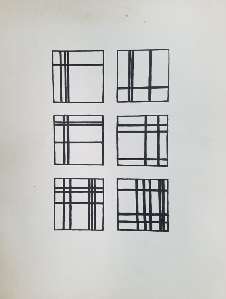 Black ink drawing of four rectangles with various borders drawn in them