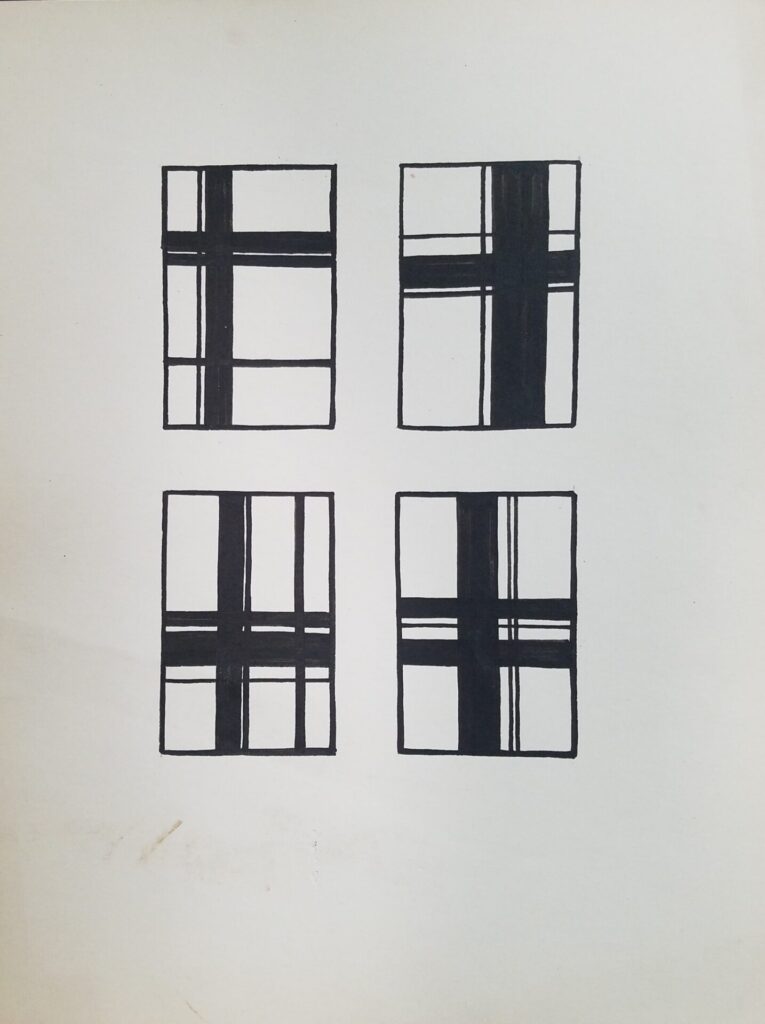 Black ink drawing of four rectangles with various borders drawn in them