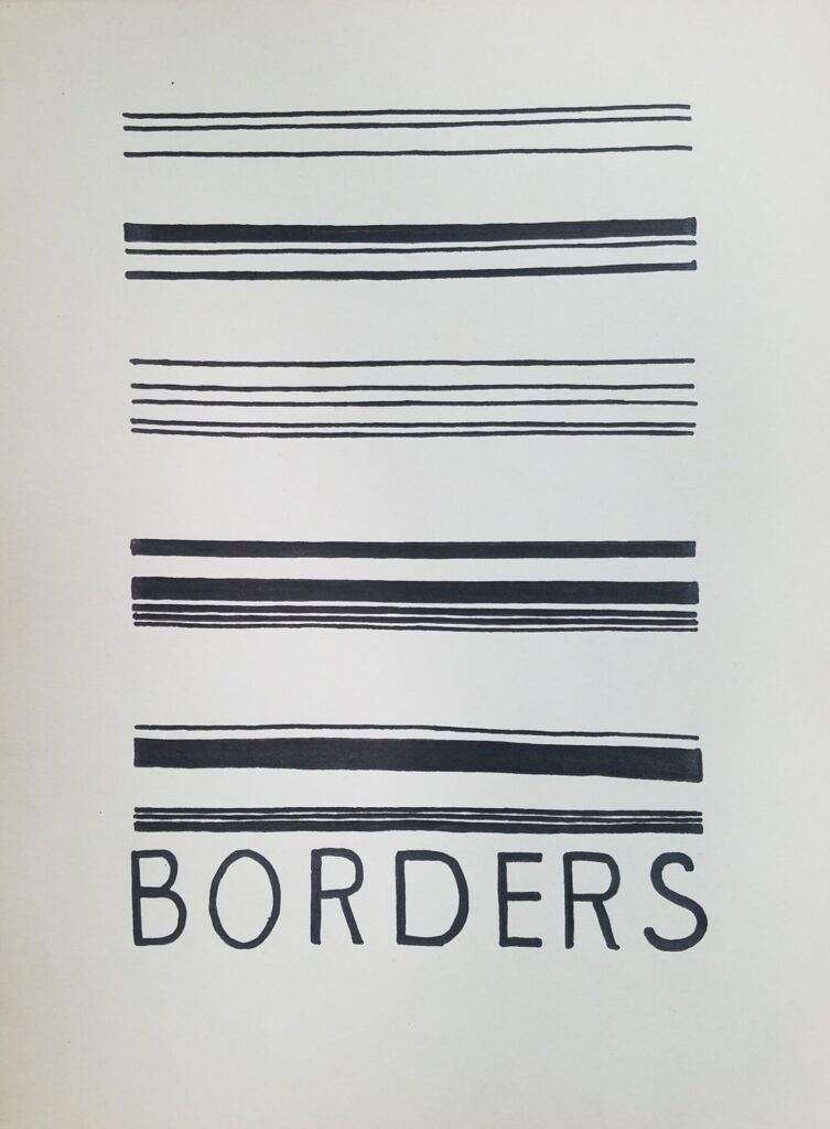 Ink drawing of various borders.