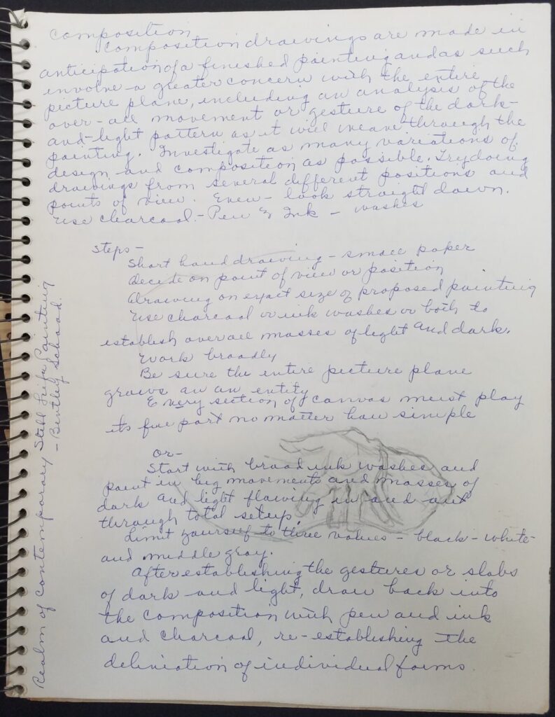 Sketch Diary 3 A page from sketch diary notebook with a page full of hand-written notes and a rough sketch of a hand