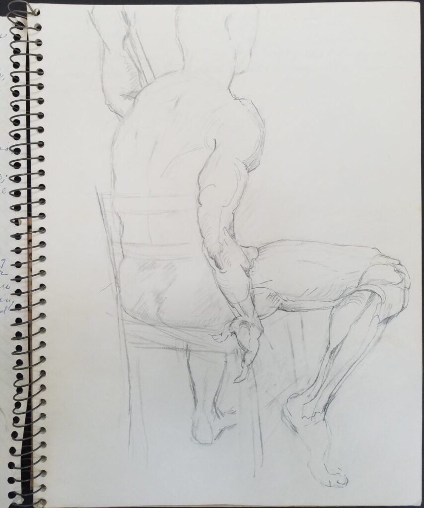 Sketch Diary 10 A page from sketch diary notebook with pencil drawing male-presenting figure seated with arm raised