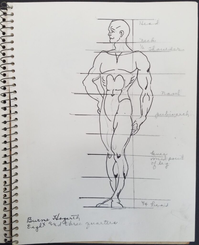 Sketch Diary 4 A page from sketch diary notebook with an ink drawing and proportion lines drawn and labeled.