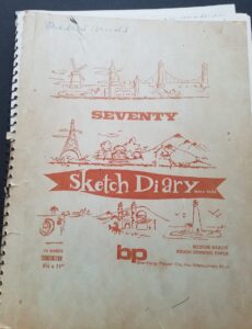 Cover of a spiral notebook with the graphic title sketch diary. The name Mildred Arnold is written in blue ink at the top.