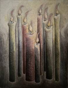 Oil painting of nine lit candles.