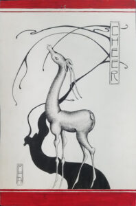 Ink drawing of a deer reaching up to a bare branch with the work "cheer" beside it