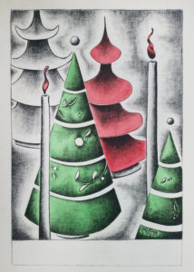 Several stylized Christmas trees and two candles