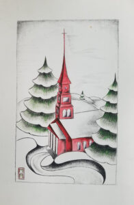 A red church by a stream surrounded by snow-covered pine trees