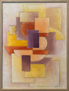 Abstract painting of overlapping yellow, purple, and red squares, circles, and half circles.