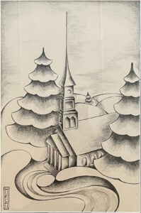 A church by a stream surrounded by snow-covered pine trees