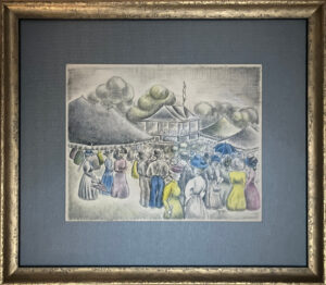 A large group of people stand in fancy dress among large tents.