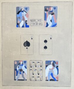 Seven playing cards: each of the face cards and some suit sides as well.