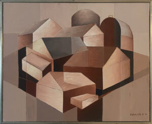 Abstract, cubist, oil painting of a group of farm buildings.