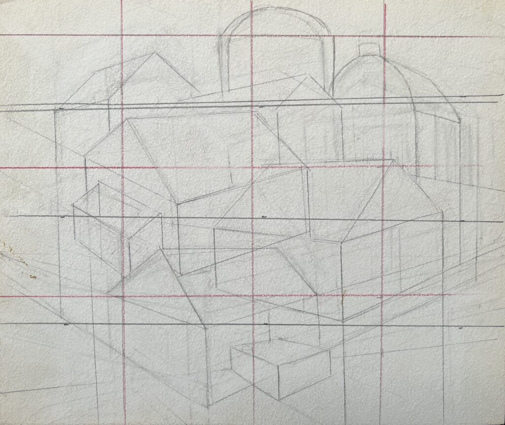 Drawings 34 Perspective sketch of a group of farm buildings