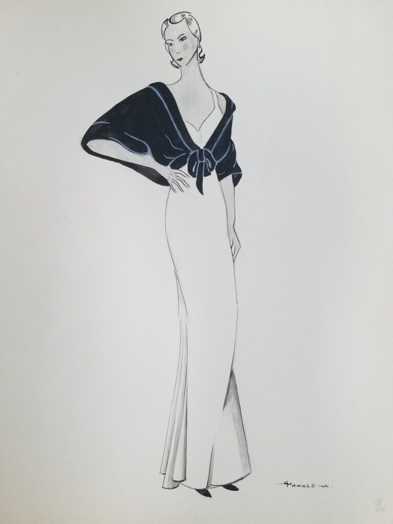 Drawings 31 Ink drawing of a female-presenting person wearing a white evening gown and black shawl.