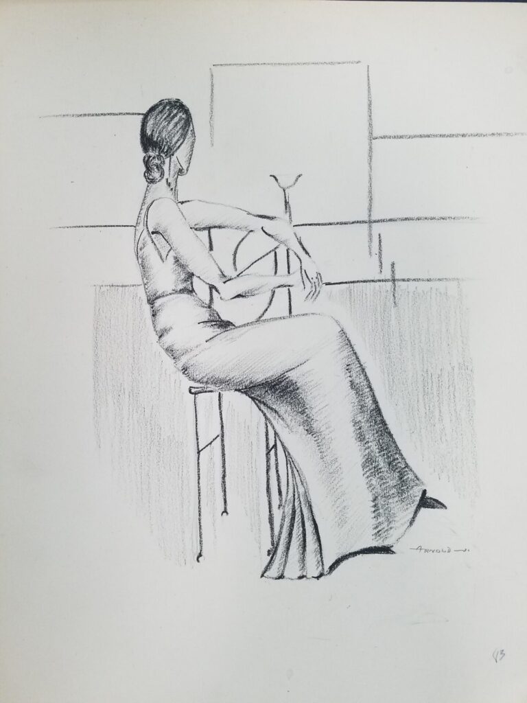 Drawings 29 Ink drawing of a female-presenting person in a floor length dress, sitting in a chair looking away from us at a mirror.