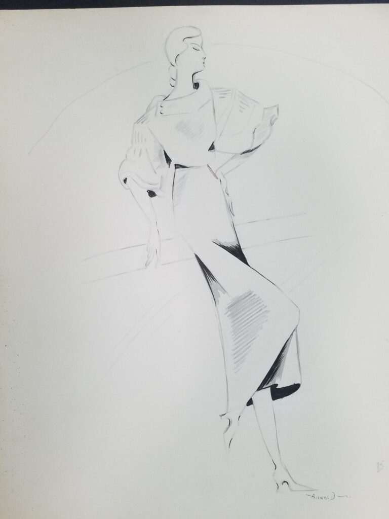 Drawings 32 Ink drawing of a female-presenting person wearing a knee length dress, leaning on a counter with one leg bent, foot resting on the wall behind her.