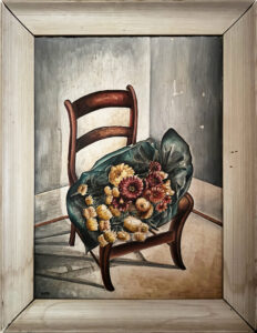 Oil painting of a bouquet of flowers lying on a small chair in the corner of a room.