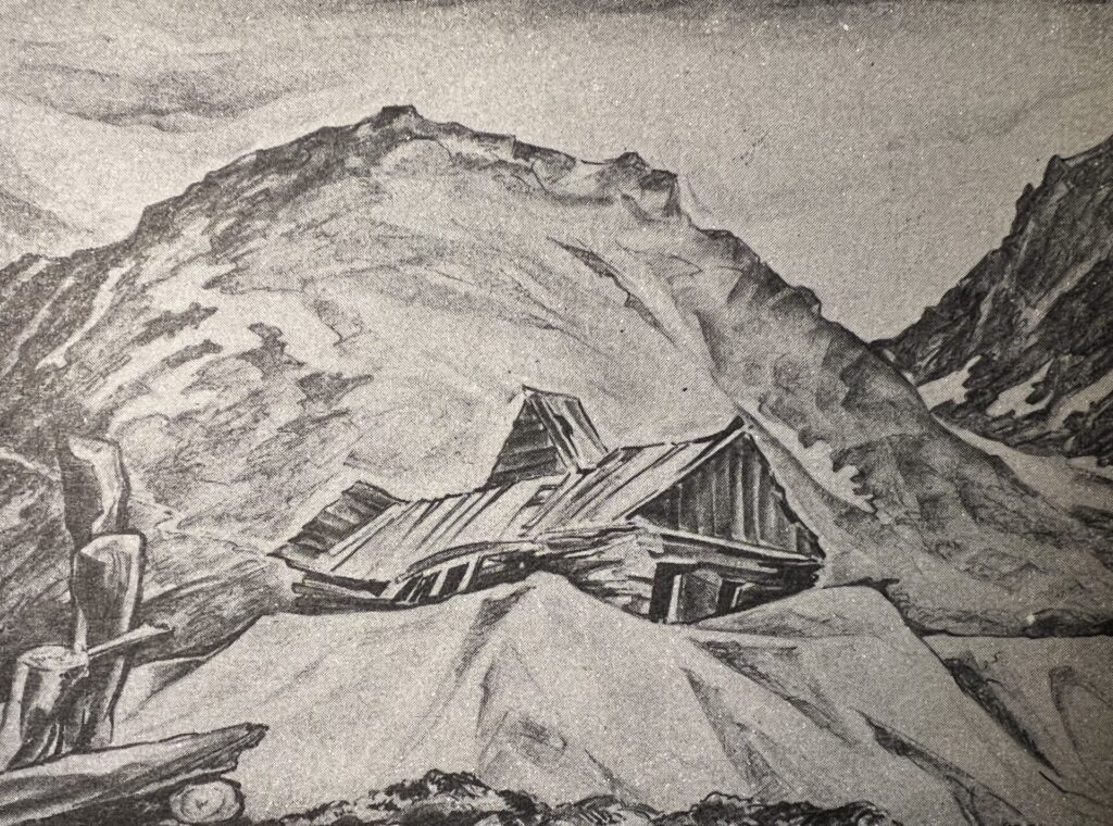 Influences 2 Black and white illustration of a wooden mine building against a snow-capped mountain