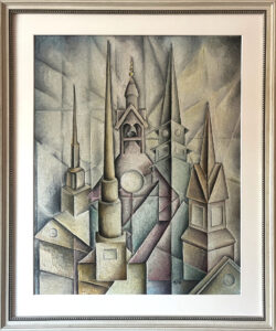 Abstract painting of five chuech steeples intercut with sharp, angular, shapes